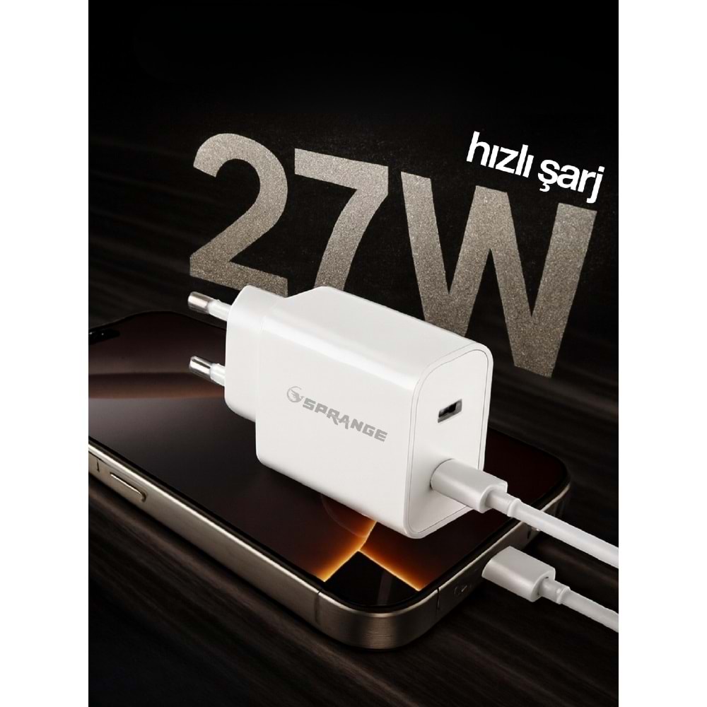 SPRANGE PLT-27 27W USB-L / USB-C PD Şarj Başlık Lightning – USB-C Data & Şarj Kablo