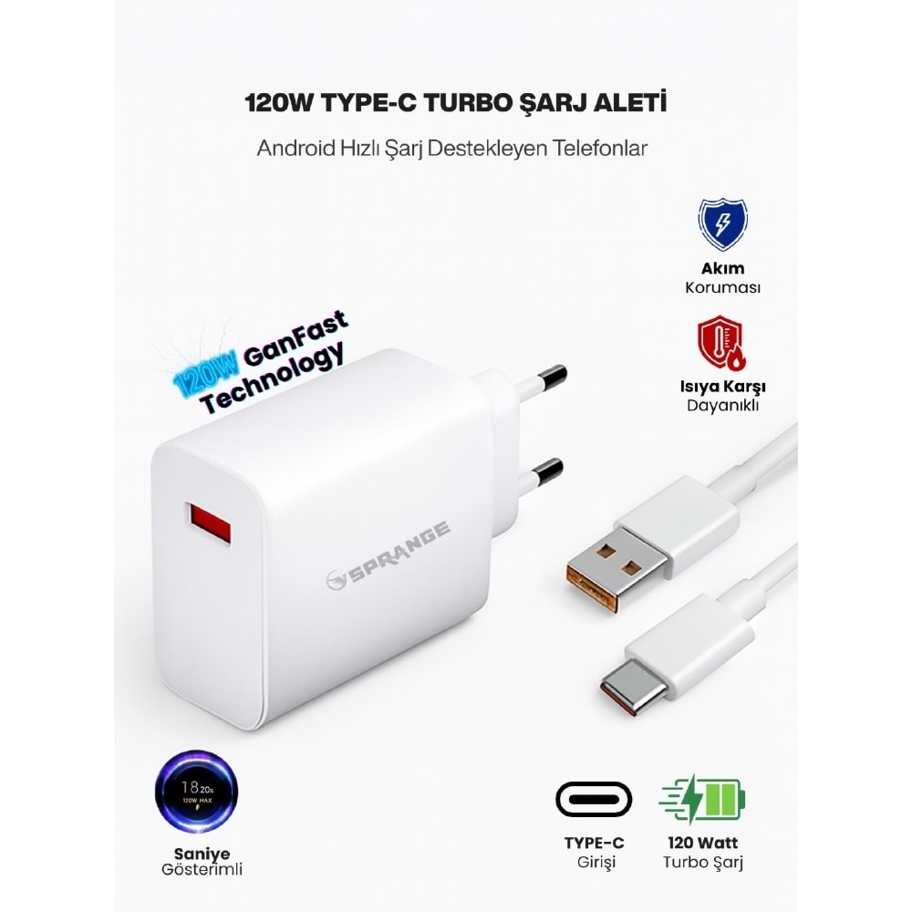 SPRANGE PTX-120 120W Turbo Şarj- USB-C Data & Şarj Kablo