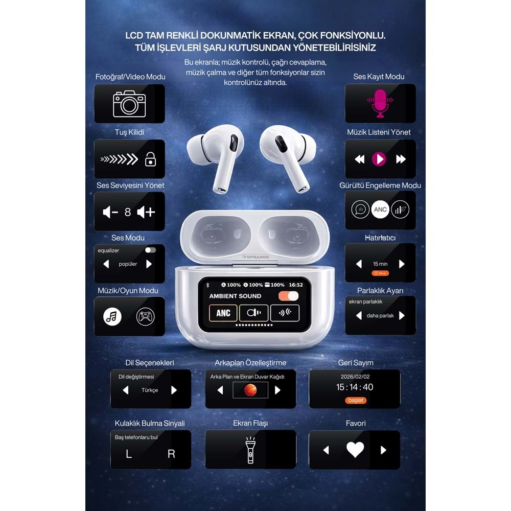 SPRANGE AP9 PRO Dokunmatik Ekran Bluetooth TWS Kulaklık