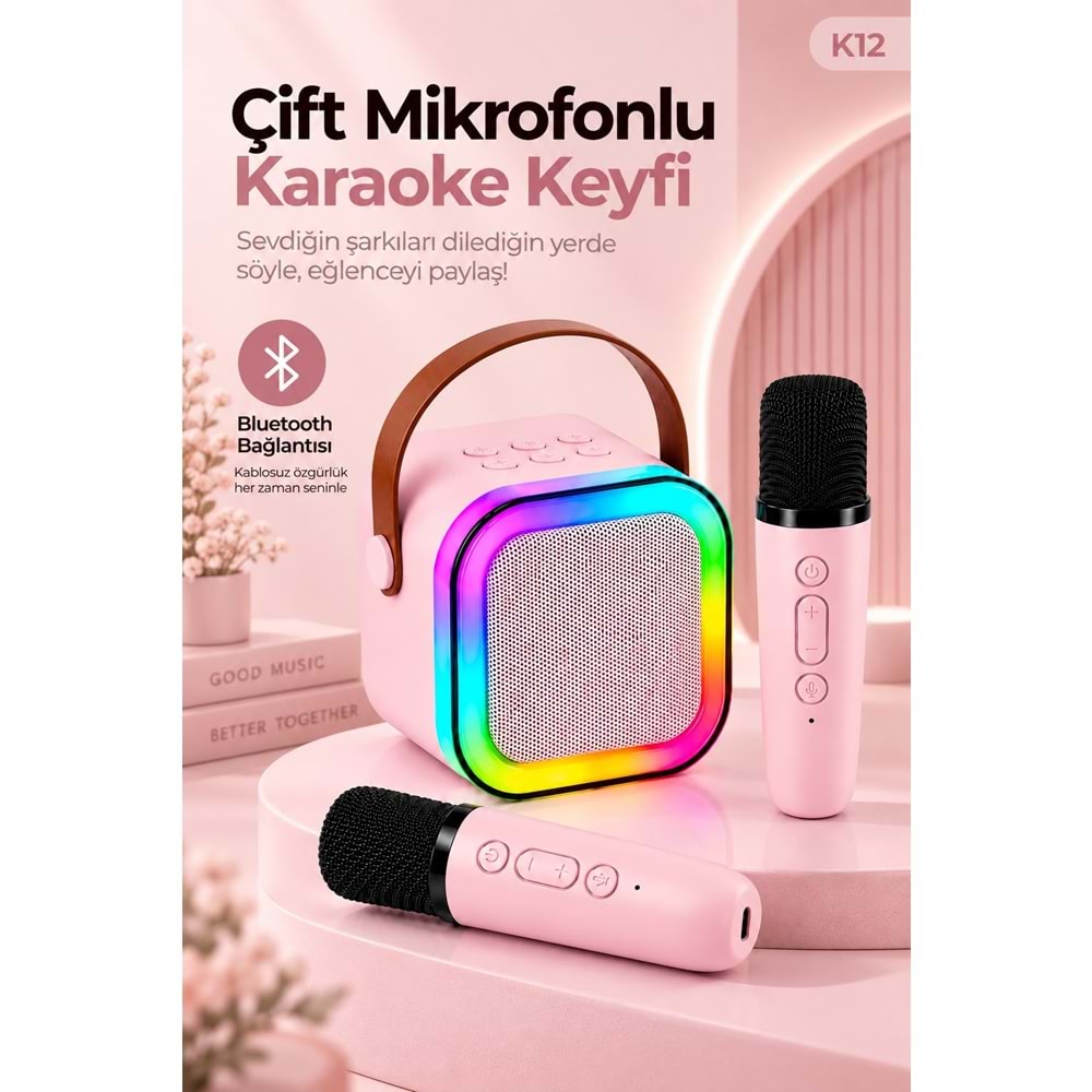 K12 Bt/Usb/Aux Çift Mikrofonlu Karaoke Hoparlör Pembe