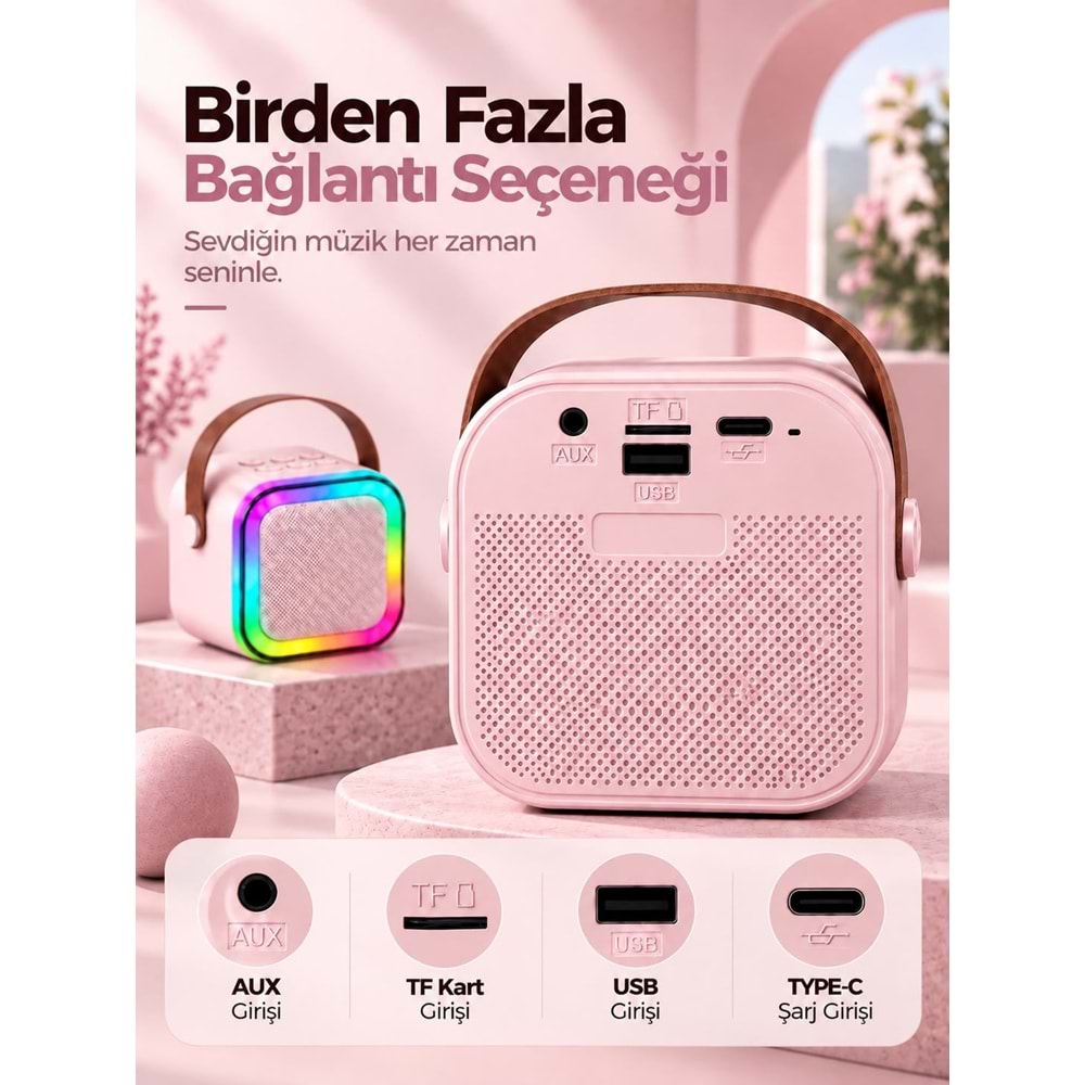 K12 Bt/Usb/Aux Çift Mikrofonlu Karaoke Hoparlör Pembe