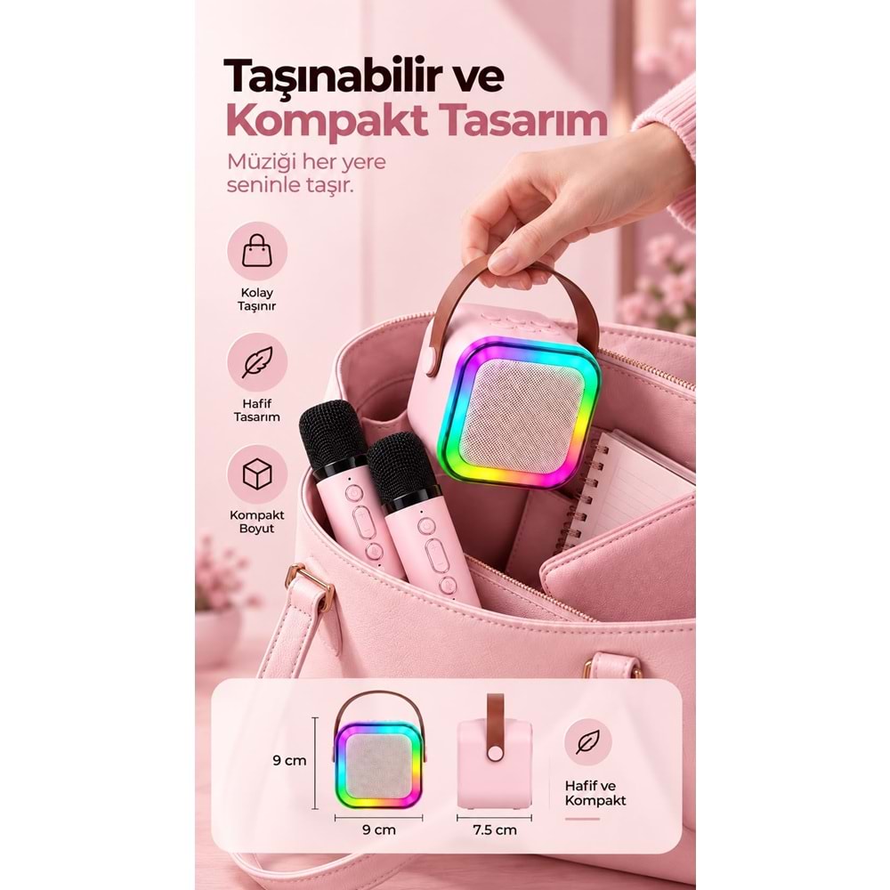 K12 Bt/Usb/Aux Çift Mikrofonlu Karaoke Hoparlör Pembe