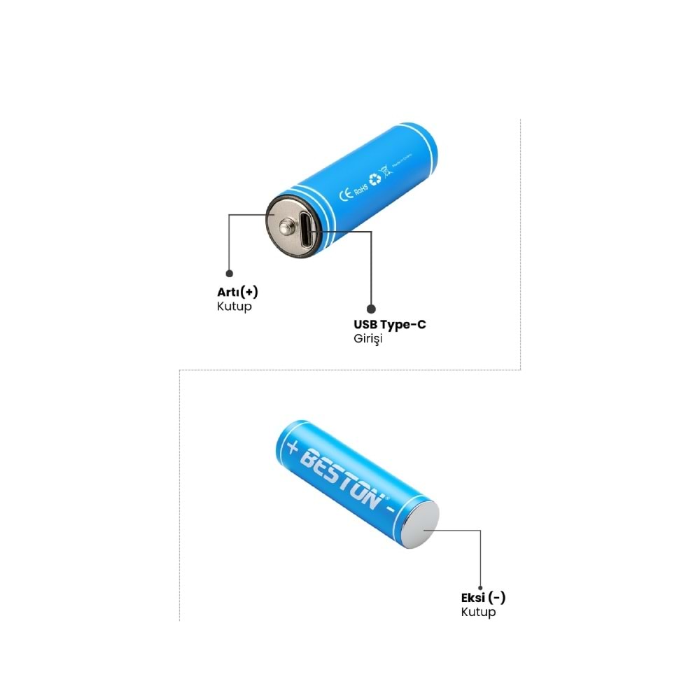 BESTON P2-02C-2 AA Şarj Edilebilir 2'Li 1.5V USB-C Kalın Pil