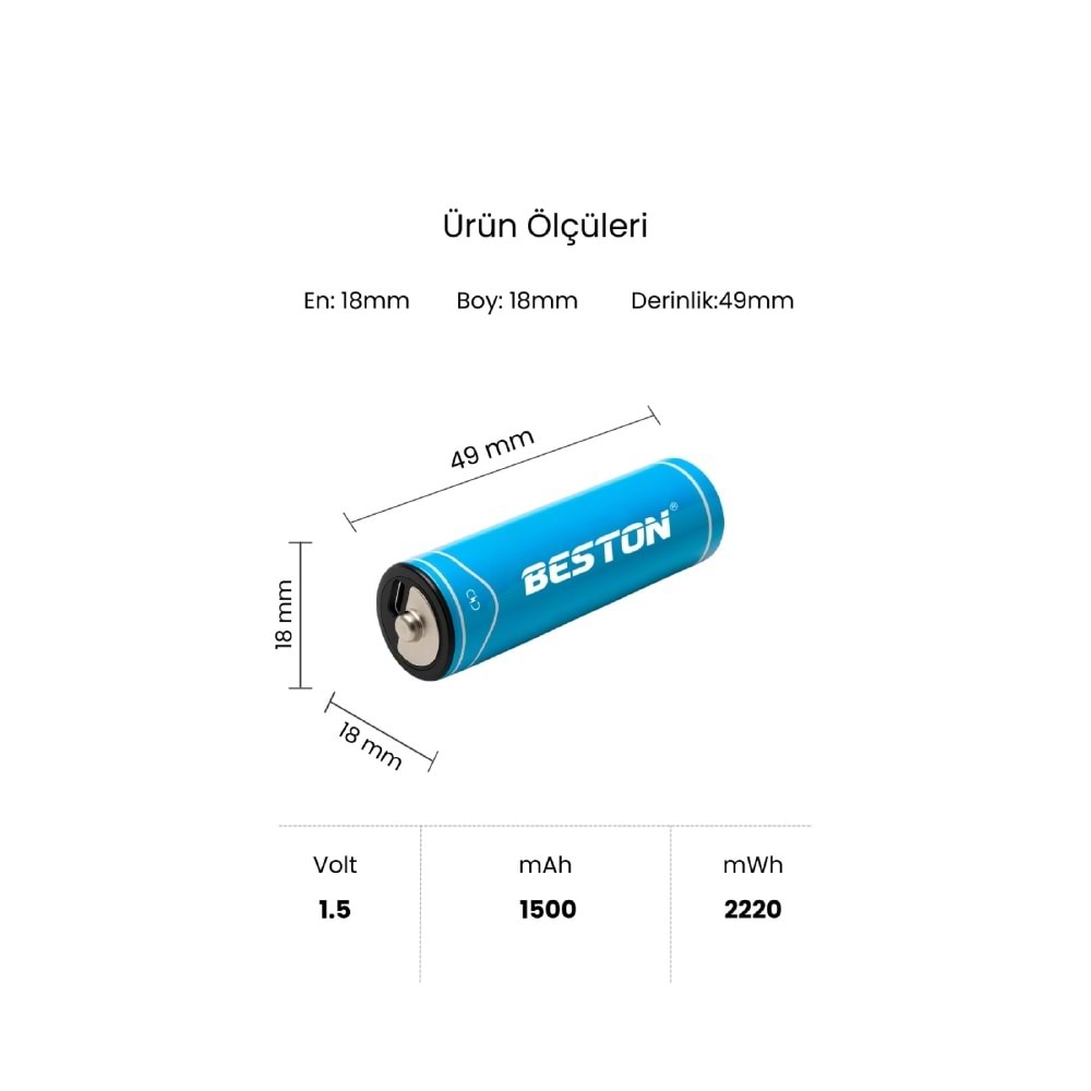 BESTON P2-02C-2 AA Şarj Edilebilir 2'Li 1.5V USB-C Kalın Pil