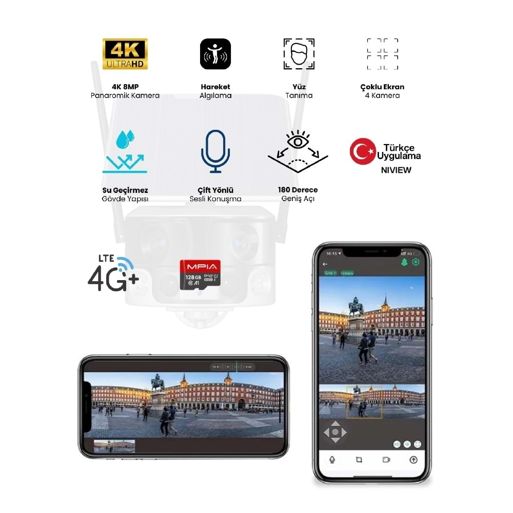 MPIA ZEN 4K / 8 MP Panoramik Çift Lens 4G Sim Kart / Solar Kamera