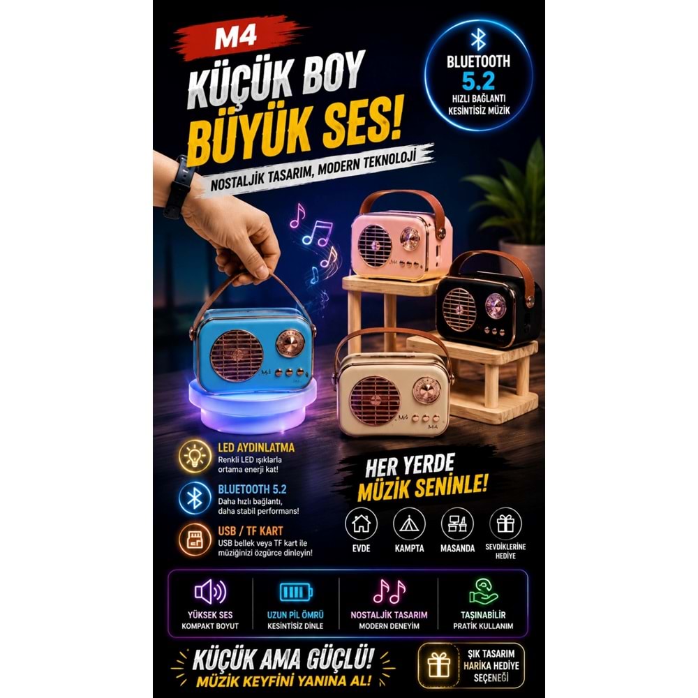 M4 Bluetooth 5.2 Hoparlör USB & TF Kart FM Radyo Siyah