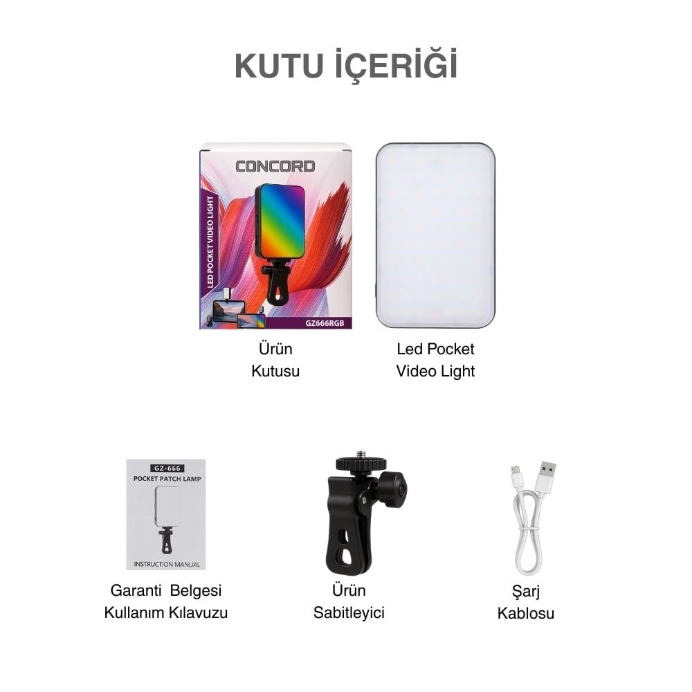 CONCORD GZ666RGB Clip-Fill Taşınabilir Mini RGB Led Selfie Işığı