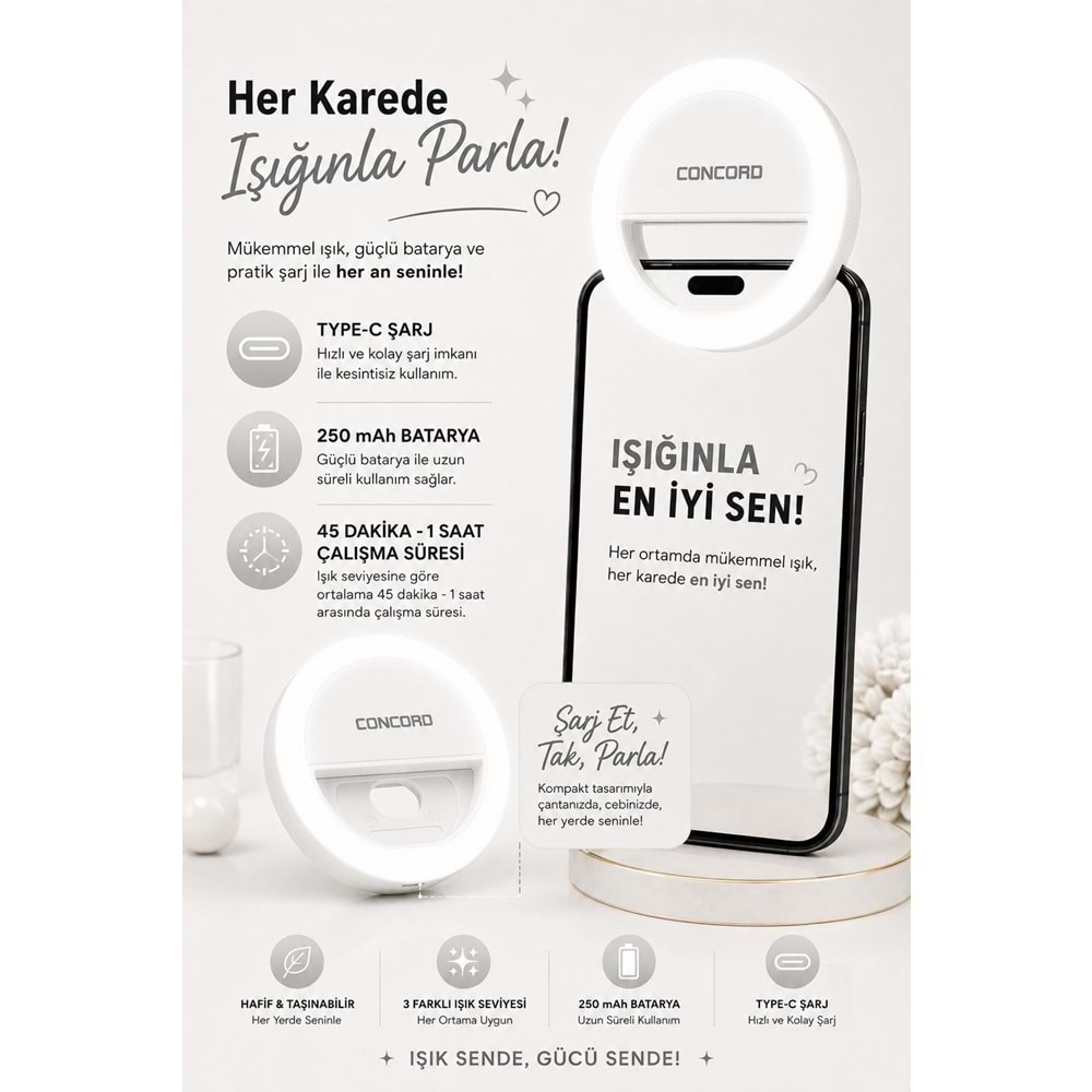 CONCORD GZ999 Clip-Fill Taşınabilir Mini Led Telefon Selfie Işığı Beyaz