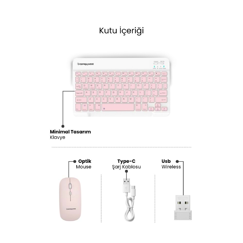 SPRANGE SR-K2 Kablosuz Klavye & Mouse Pembe