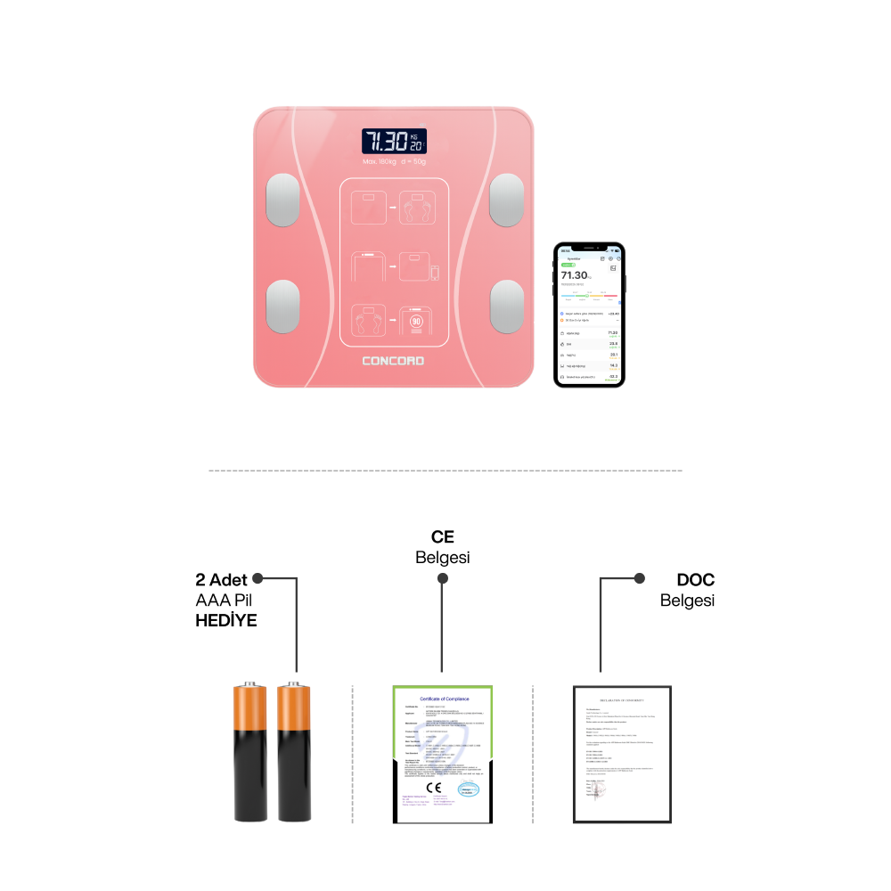 CONCORD C-W01 Akıllı Bluetooth Baskül Pembe