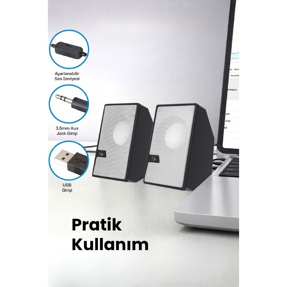 Sprange SR-PN784 3W*2 USB 2.0 + 3.5mm USB 5V Hoparlör Beyaz