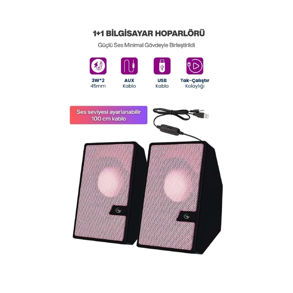Sprange SR-PN784 2.0 3W*2 USB + 3.5mm USB 5V Hoparlör Pembe