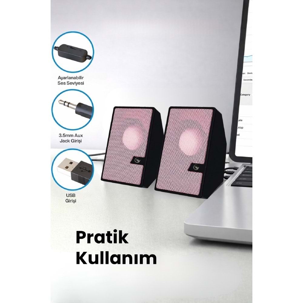 Sprange SR-PN784 3W*2 USB 2.0 + 3.5mm USB 5V Hoparlör Pembe