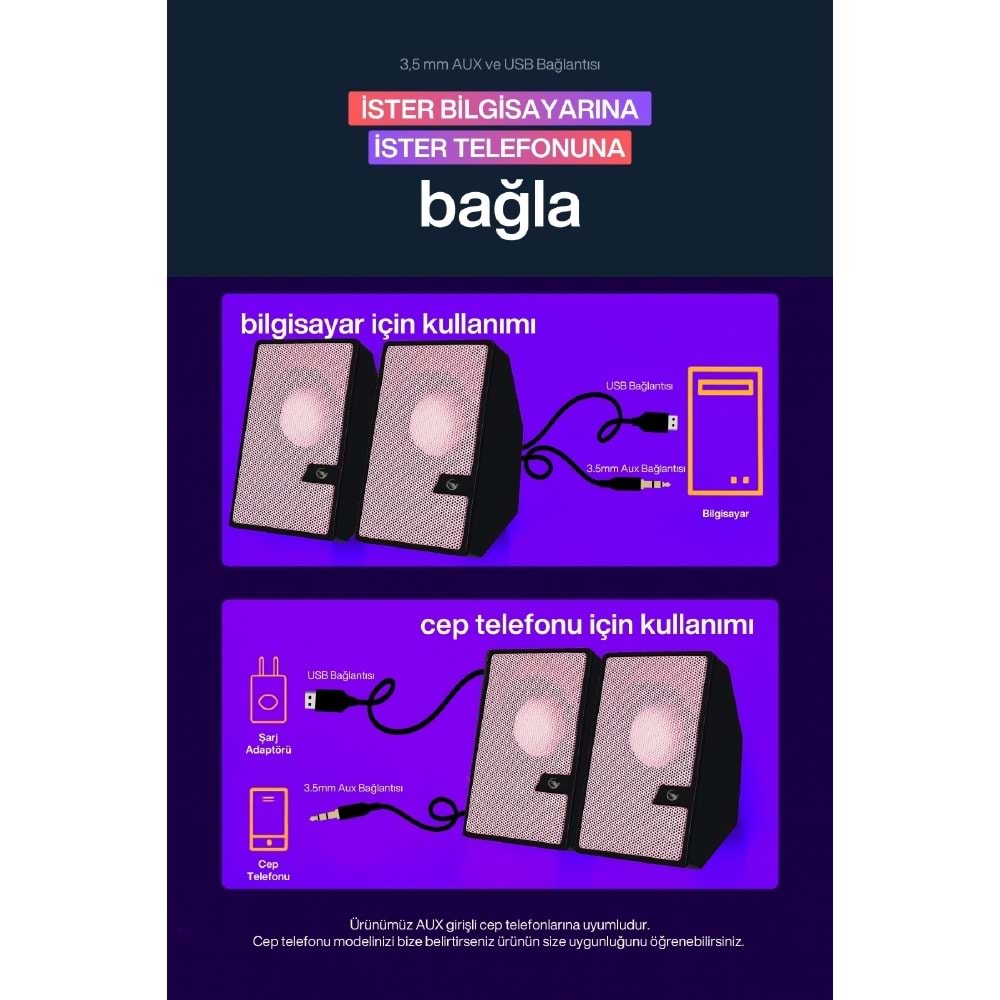 Sprange SR-PN784 3W*2 USB 2.0 + 3.5mm USB 5V Hoparlör Pembe
