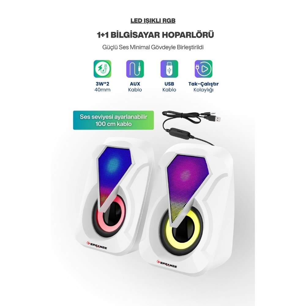 Sprange SR-PN785 2.0 3W*2 USB + 3.5mm 5V Hoparlör Beyaz