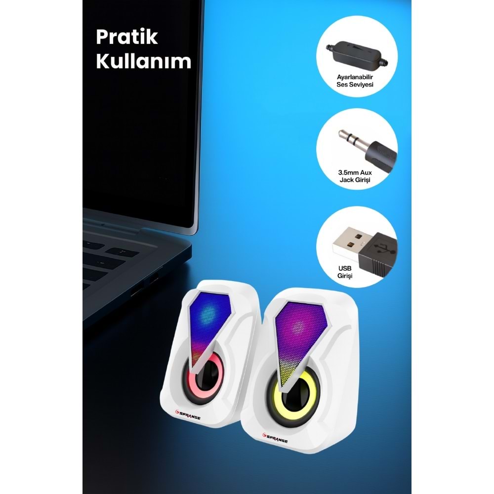 Sprange SR-PN785 2.0 3W*2 USB + 3.5mm 5V Hoparlör Beyaz