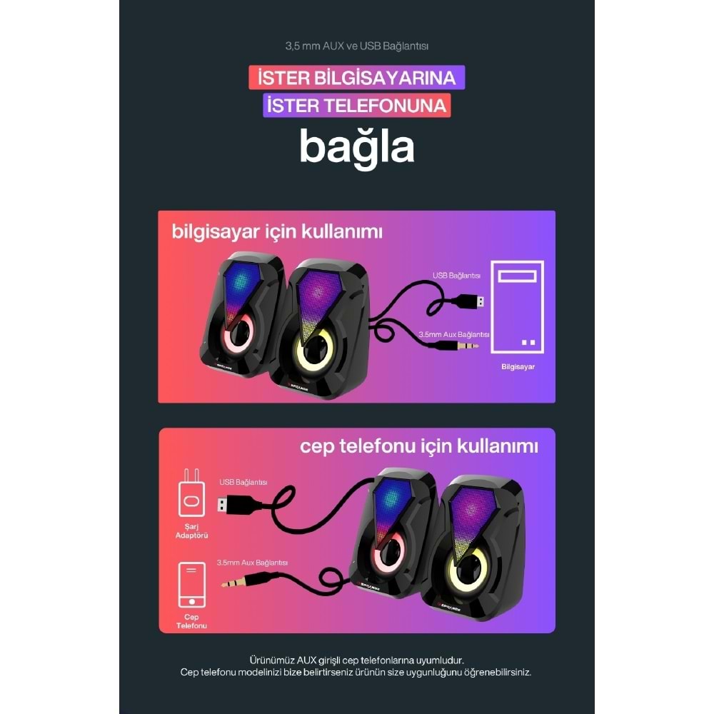 Sprange SR-PN785 2.0 3W*2 USB + 3.5mm 5V Hoparlör Siyah