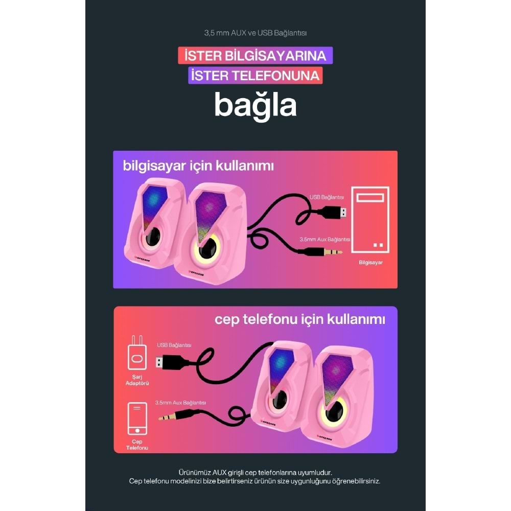 Sprange SR-PN785 2.0 3W*2 USB + 3.5mm 5V Hoparlör Pembe