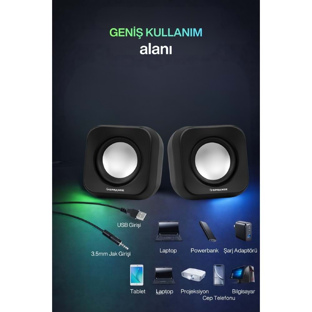 Sprange SR-PN99 2W*2 USB 2.0 + 3.5mm 5V Hoparlör Siyah