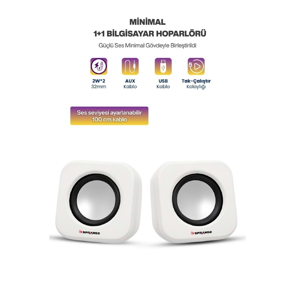 Sprange SR-PN99 2W*2 USB 2.0 + 3.5mm 5V Hoparlör Beyaz