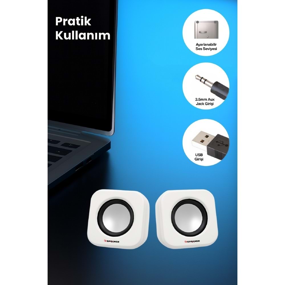 Sprange SR-PN99 2W*2 USB 2.0 + 3.5mm 5V Hoparlör Beyaz