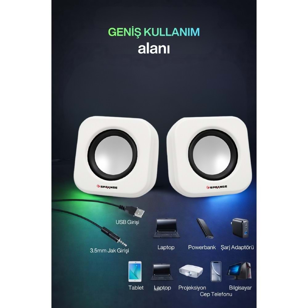 Sprange SR-PN99 2W*2 USB 2.0 + 3.5mm 5V Hoparlör Beyaz