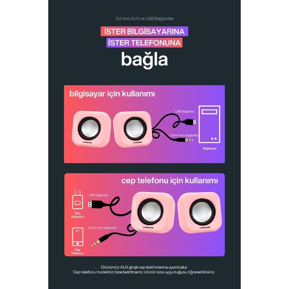 Sprange SR-PN99 2W*2 USB 2.0 + 3.5mm 5V Hoparlör Pembe