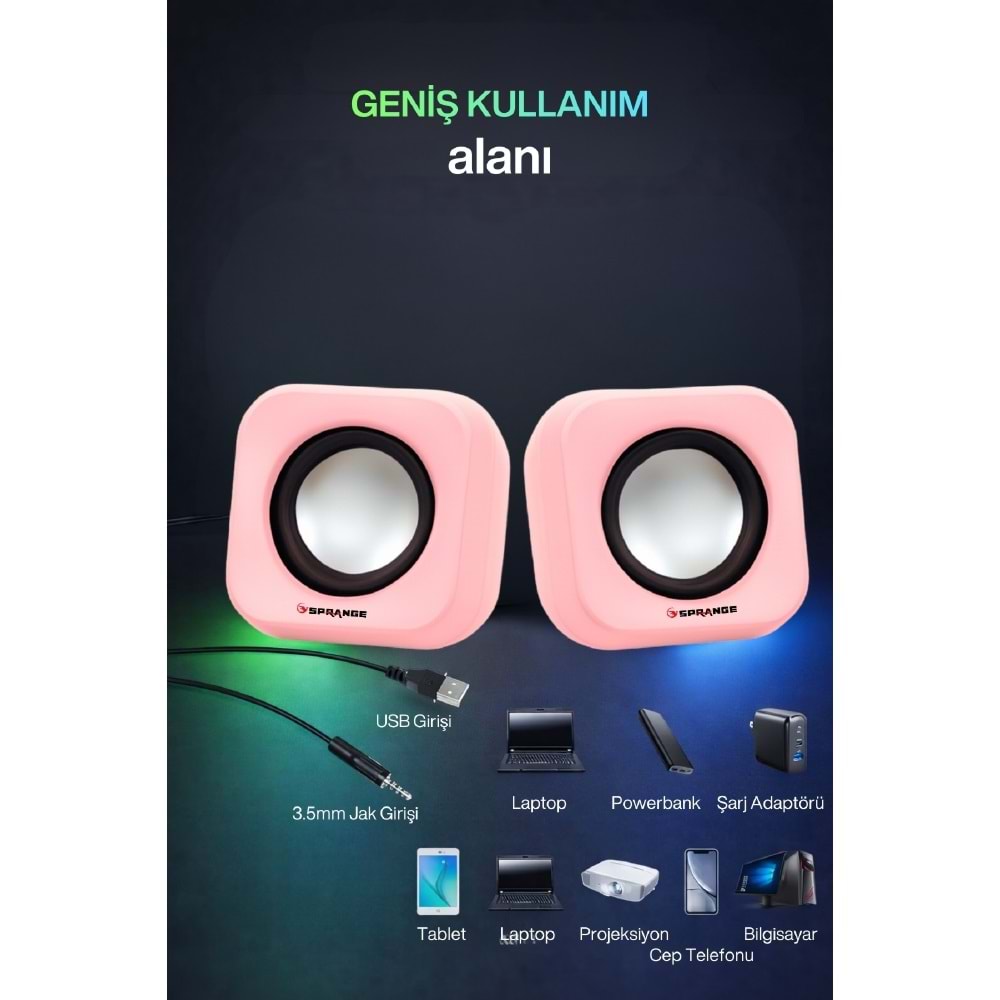 Sprange SR-PN99 2W*2 USB 2.0 + 3.5mm 5V Hoparlör Pembe