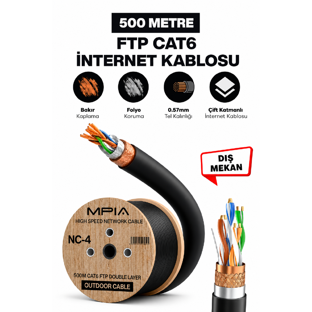 MPIA NC-4 500 Metre CAT6 0.57 mm Çift Katmanlı Dış Ortam İnternet Kablosu