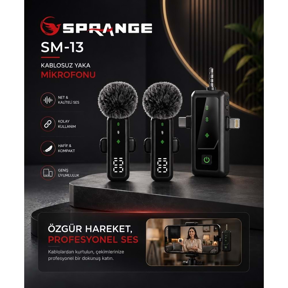 SPRANGE SM-13 3IN1 Kablosuz Yaka Mikrofonu