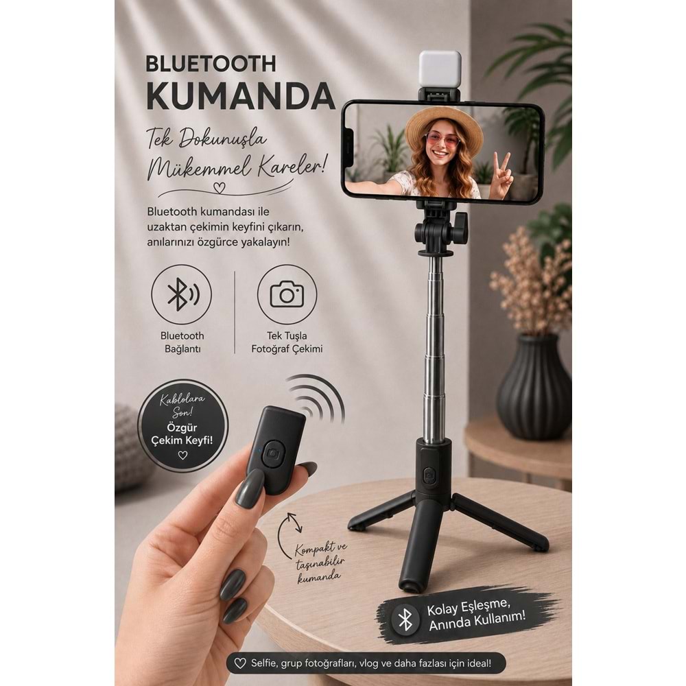 H1S Bluetooth Kumandalı Selfie Çubuğu ve Tripod Siyah