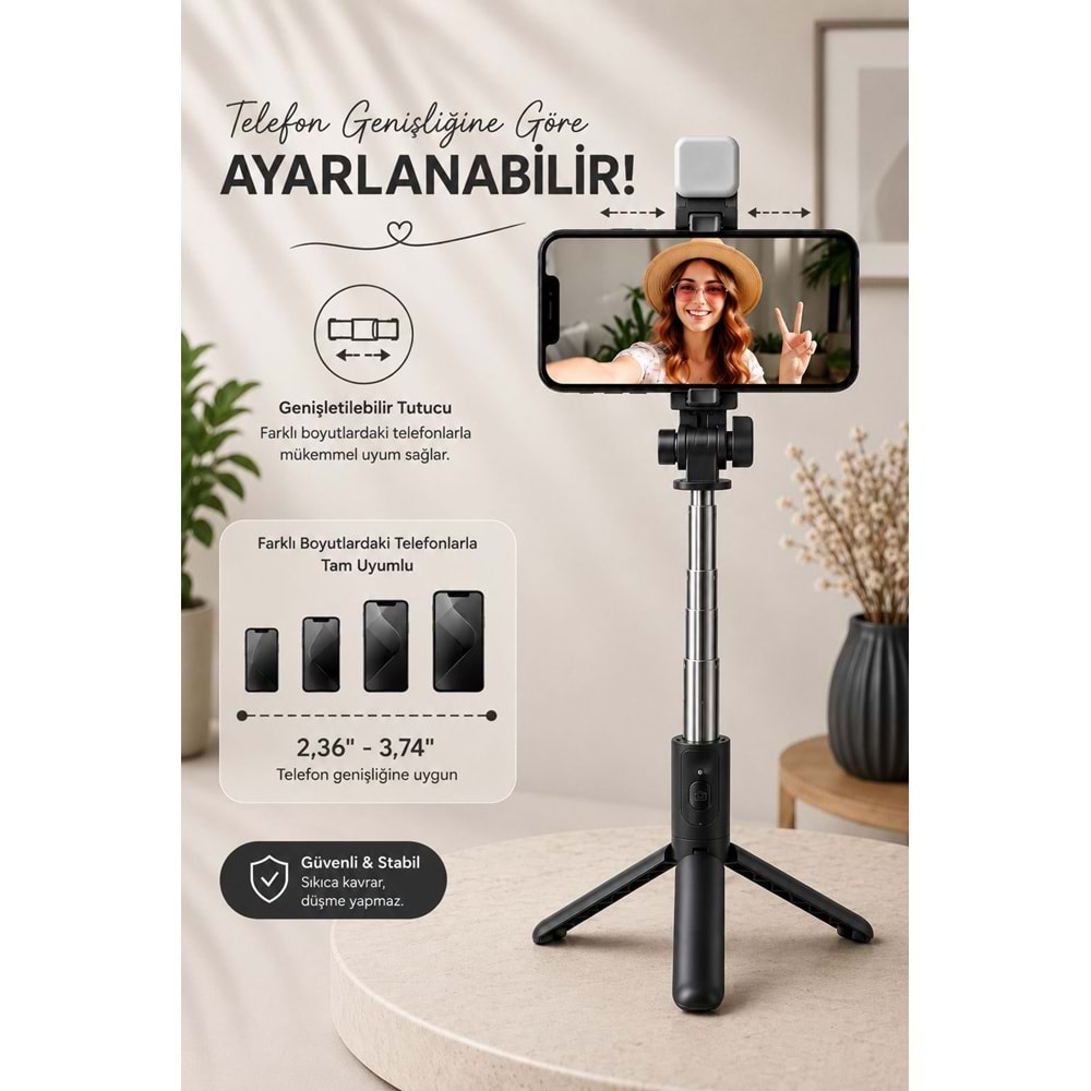 H1S Bluetooth Kumandalı Selfie Çubuğu ve Tripod Siyah