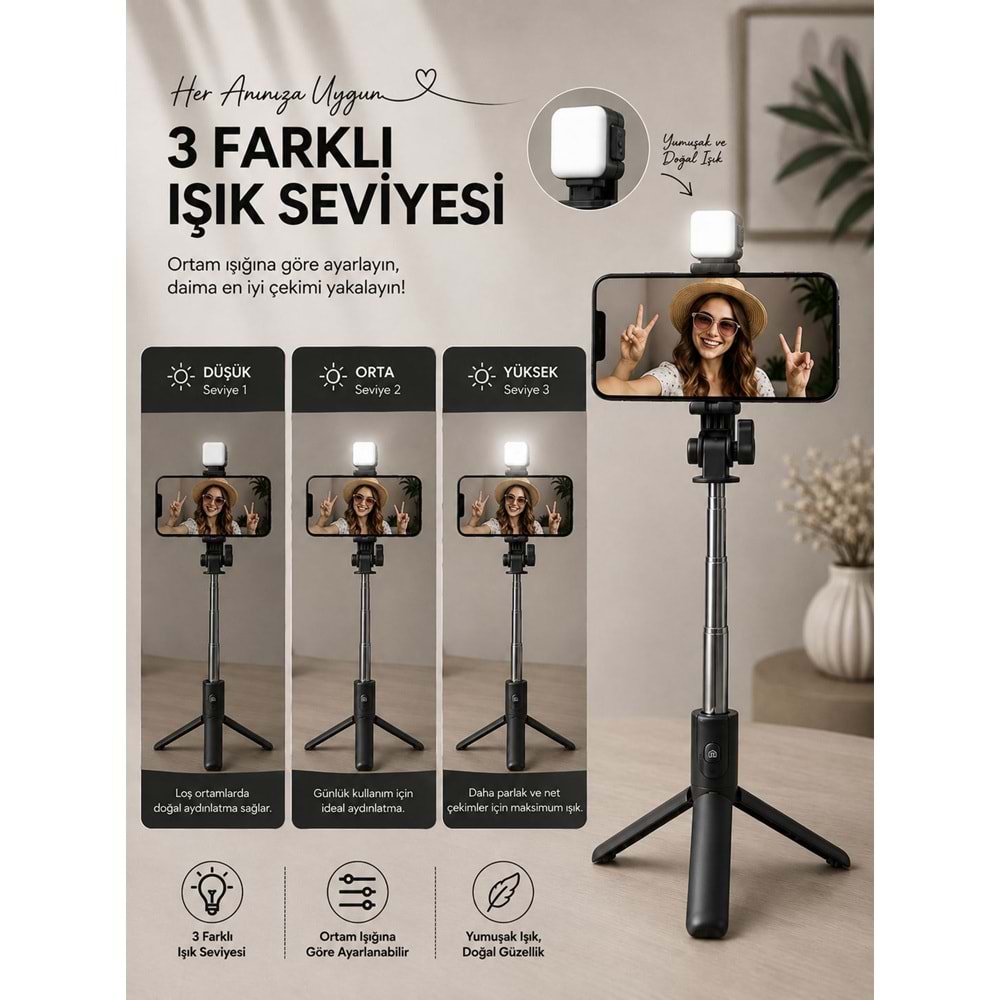 H1S Bluetooth Kumandalı Selfie Çubuğu ve Tripod Siyah