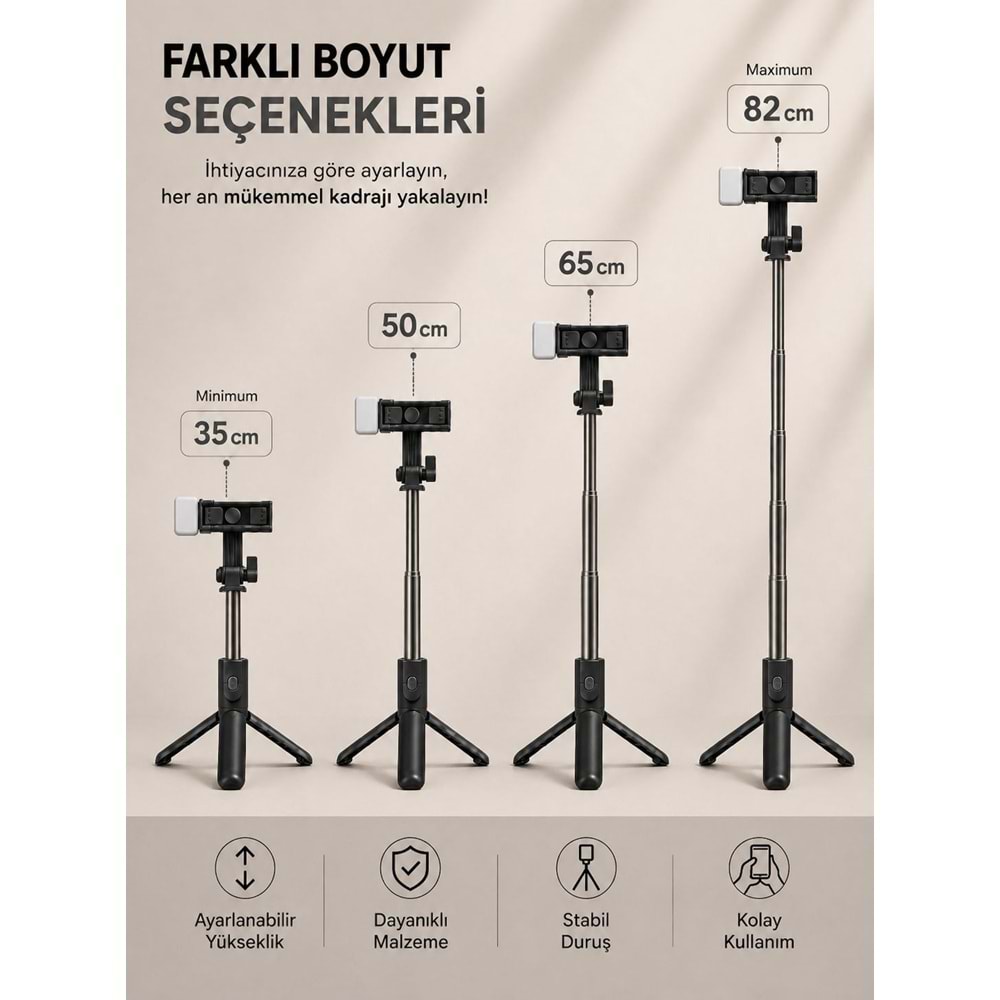 H1S Bluetooth Kumandalı Selfie Çubuğu ve Tripod Siyah