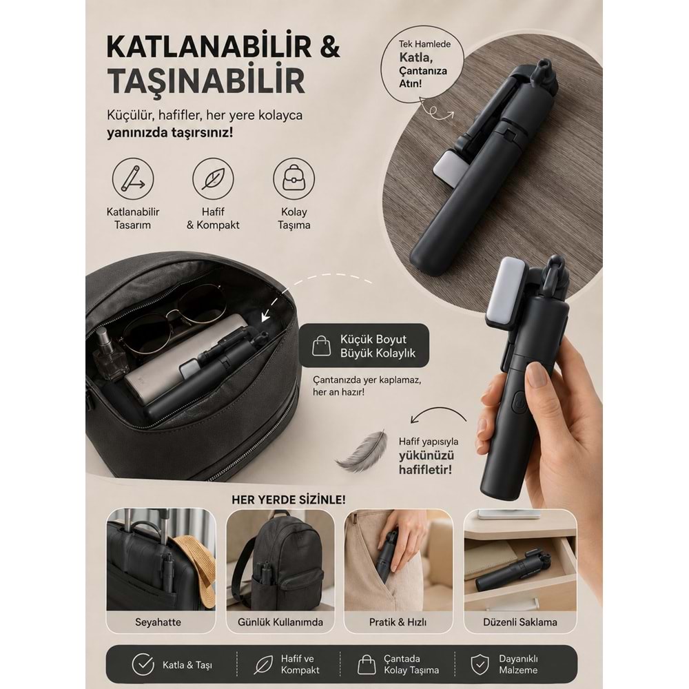 H1S Bluetooth Kumandalı Selfie Çubuğu ve Tripod Siyah