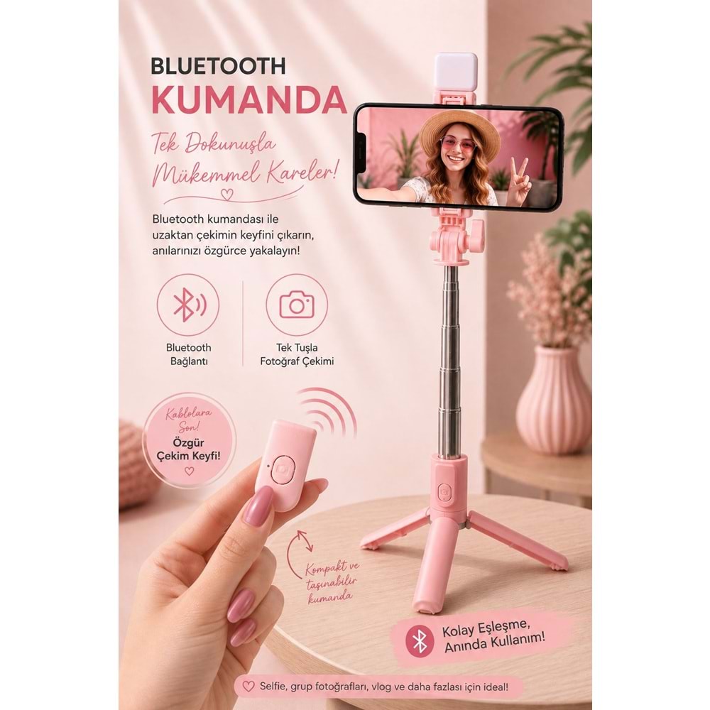 H1S Bluetooth Kumandalı Selfie Çubuğu ve Tripod Pembe