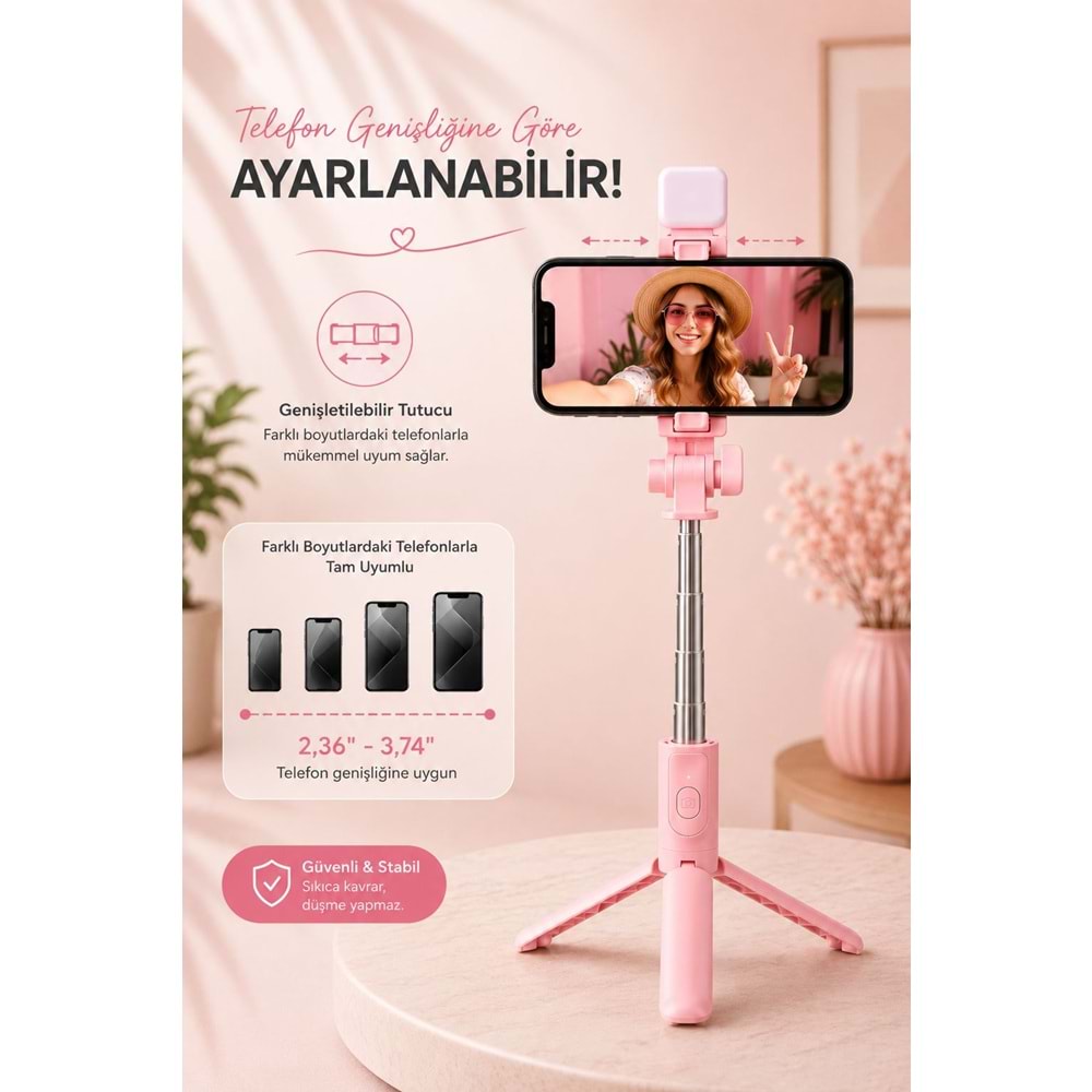 H1S Bluetooth Kumandalı Selfie Çubuğu ve Tripod Pembe
