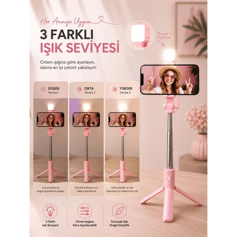 H1S Bluetooth Kumandalı Selfie Çubuğu ve Tripod Pembe