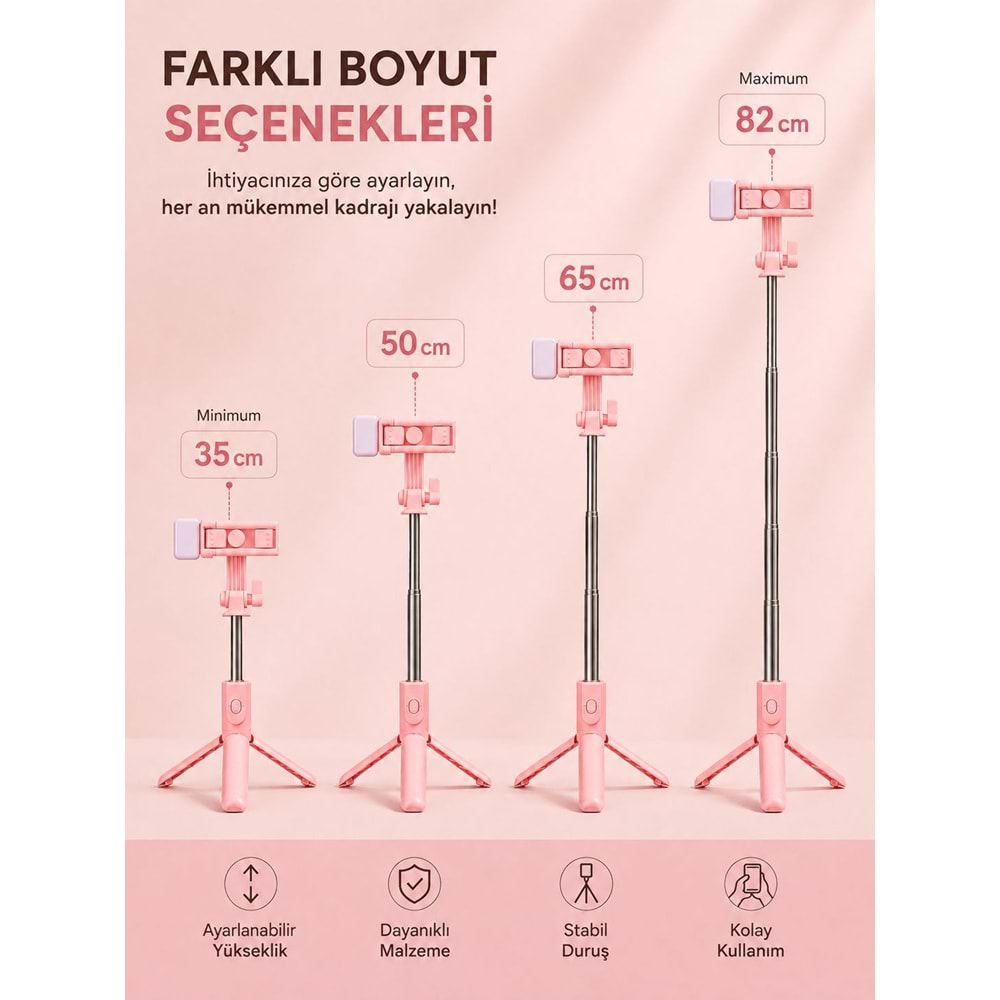 H1S Bluetooth Kumandalı Selfie Çubuğu ve Tripod Pembe