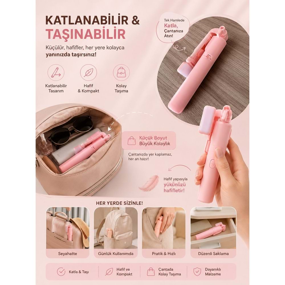 H1S Bluetooth Kumandalı Selfie Çubuğu ve Tripod Pembe