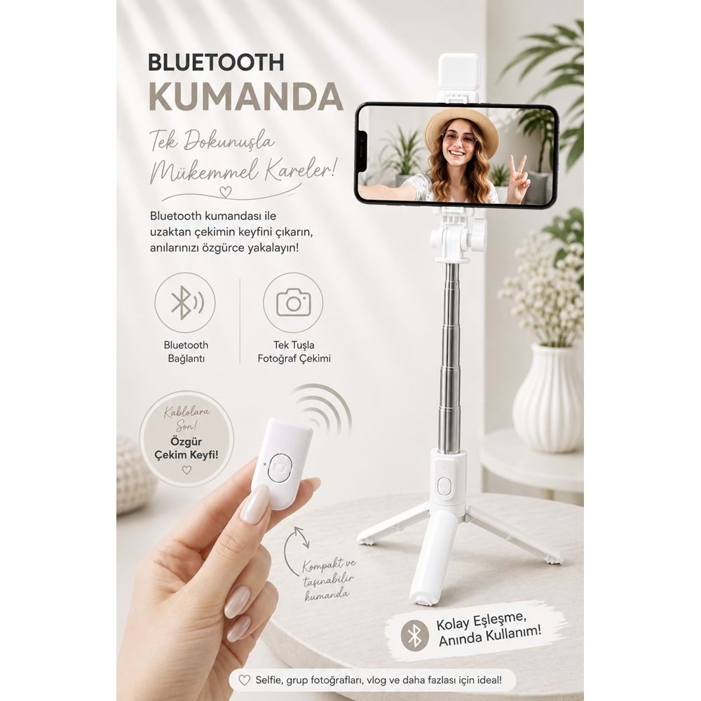 H1S Bluetooth Kumandalı Selfie Çubuğu ve Tripod Beyaz