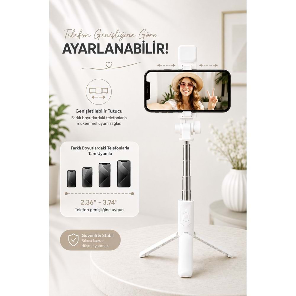 H1S Bluetooth Kumandalı Selfie Çubuğu ve Tripod Beyaz