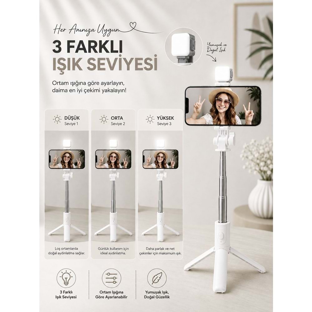 H1S Bluetooth Kumandalı Selfie Çubuğu ve Tripod Beyaz