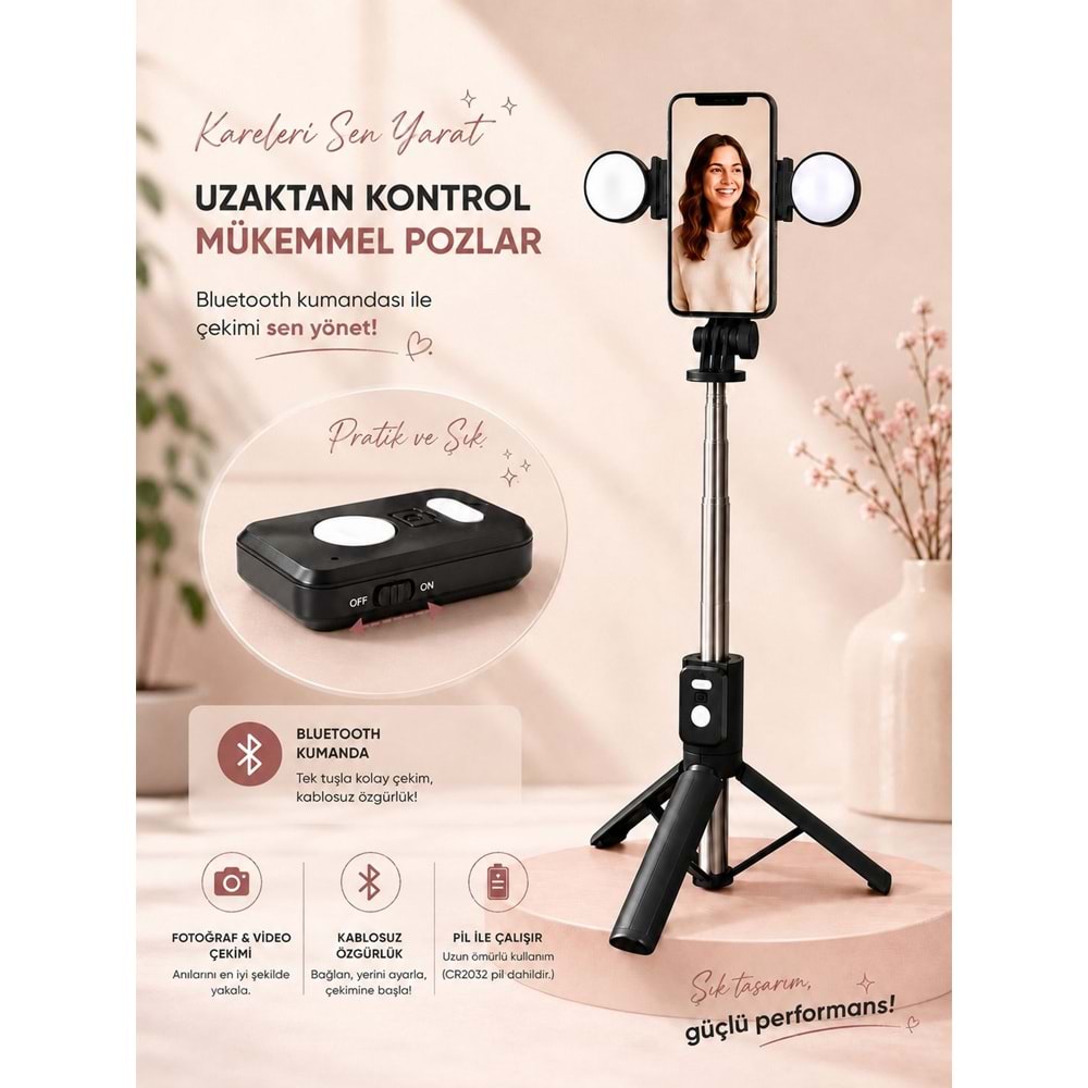 B11S Bluetooth Kumandalı Selfie Çubuğu ve Tripod Siyah