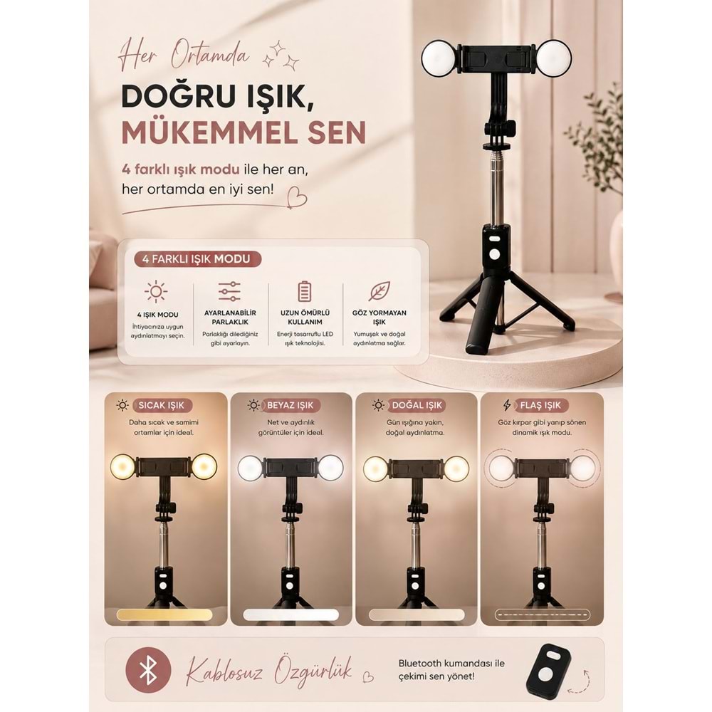B11S Bluetooth Kumandalı Selfie Çubuğu ve Tripod Siyah