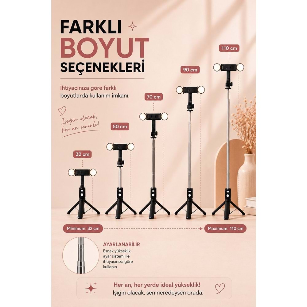 B11S Bluetooth Kumandalı Selfie Çubuğu ve Tripod Siyah