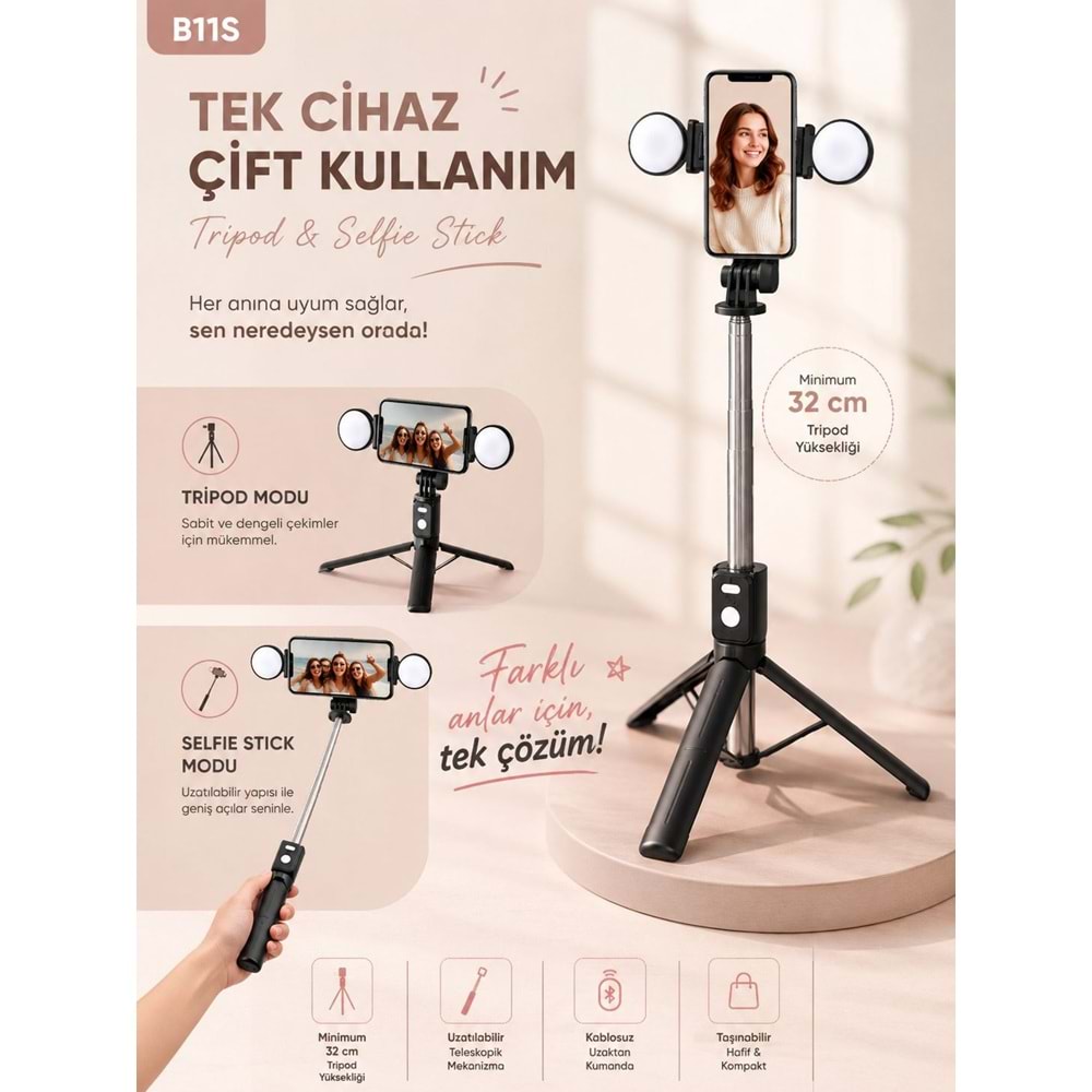 B11S Bluetooth Kumandalı Selfie Çubuğu ve Tripod Siyah