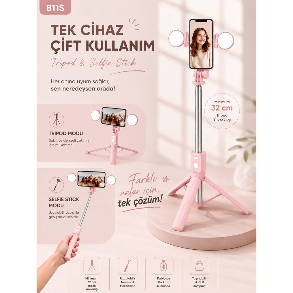 B11S Bluetooth Kumandalı Selfie Çubuğu ve Tripod Pembe