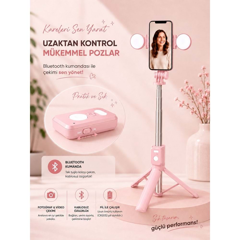 B11S Bluetooth Kumandalı Selfie Çubuğu ve Tripod Pembe