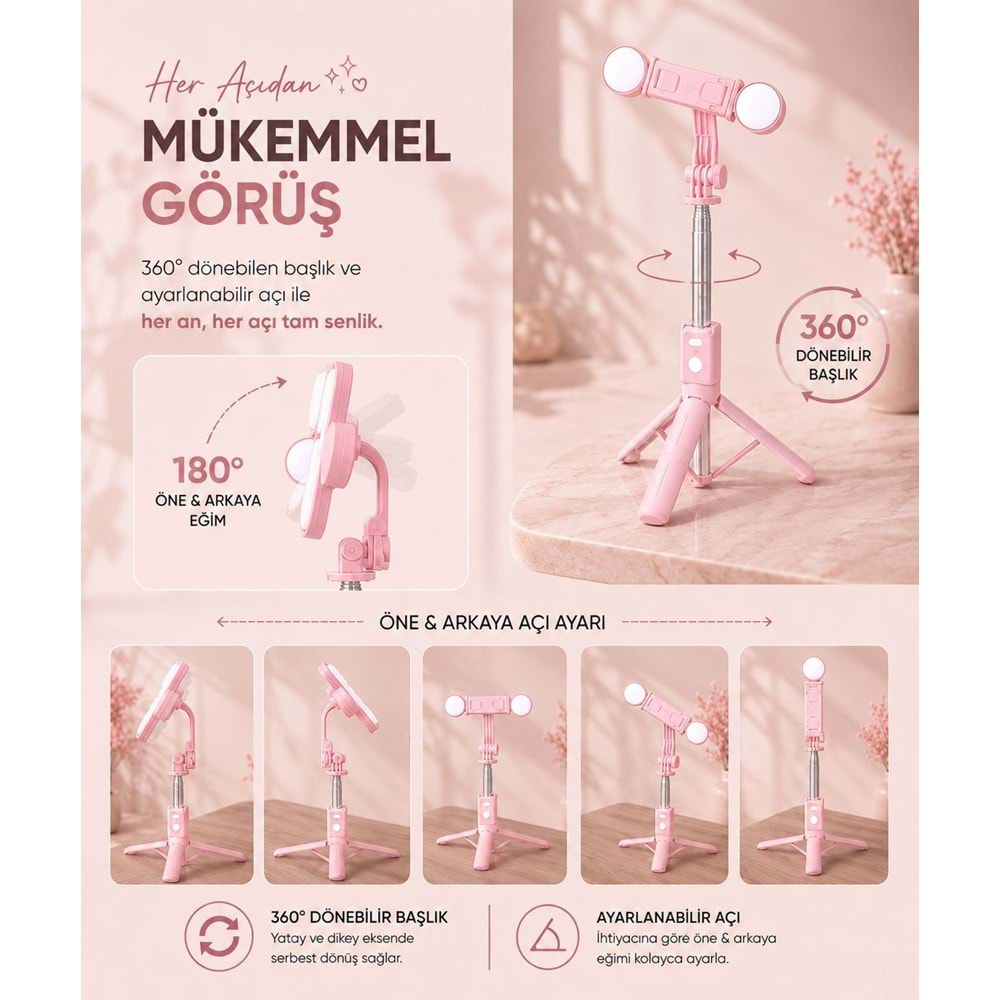B11S Bluetooth Kumandalı Selfie Çubuğu ve Tripod Pembe
